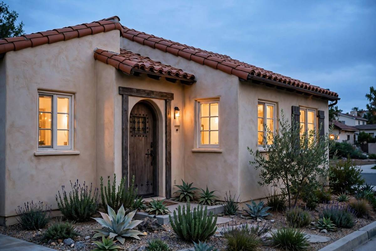A small house at dusk with warm light in the windows